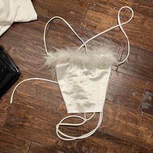 Feather trim silk crop top